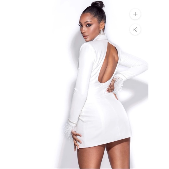 White Feather Crystal Sleeve Backless Blazer Dress - Picture 4 of 4